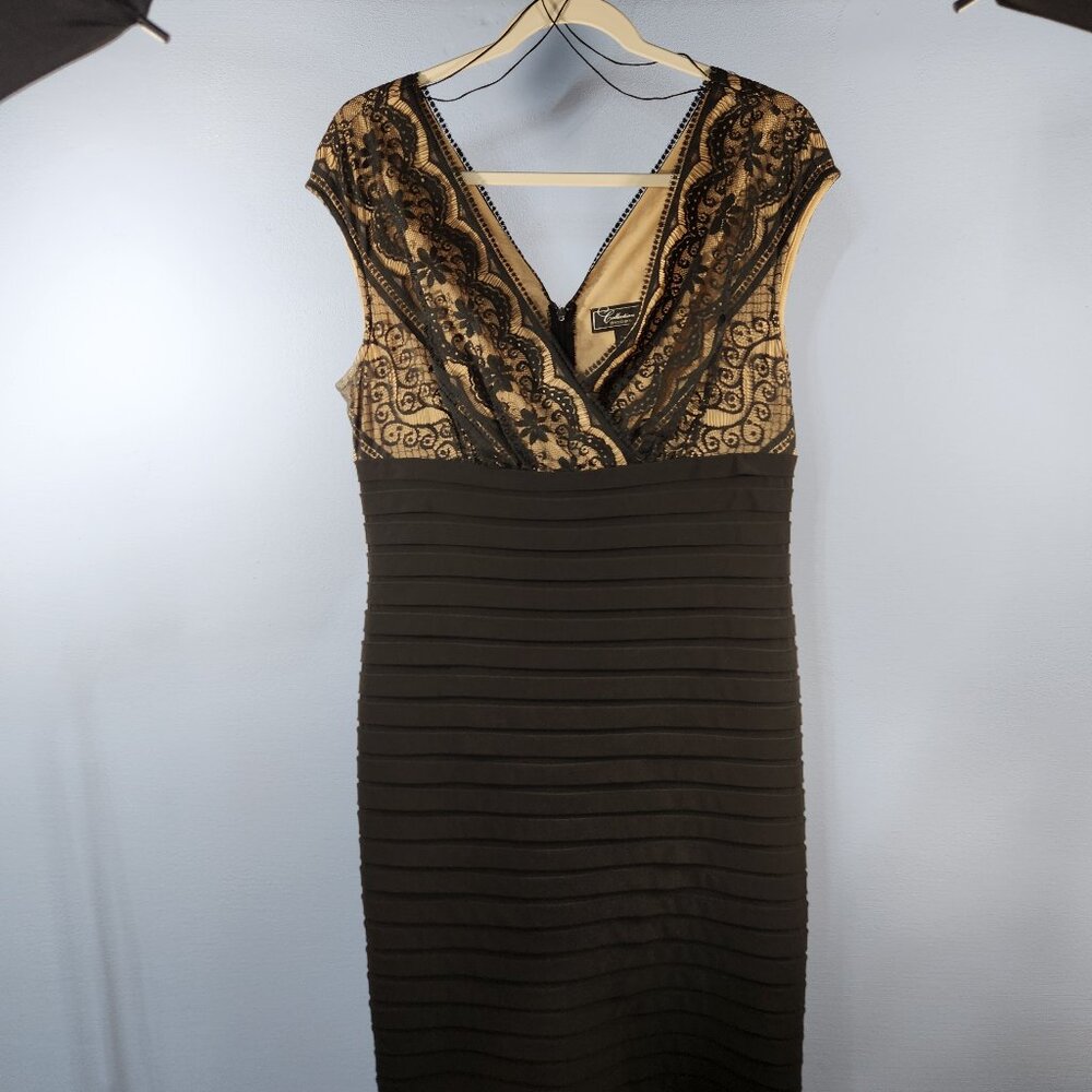 Dressbarn Collection Size 14 Black Lace and Taupe Lined Crossover Dress (OO-23)